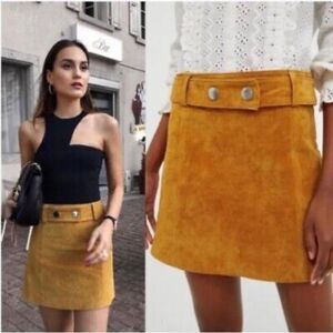 ZARA | NWT Mustard Suede Leather Belted Mini Skirt Size Small Blogger Favorite